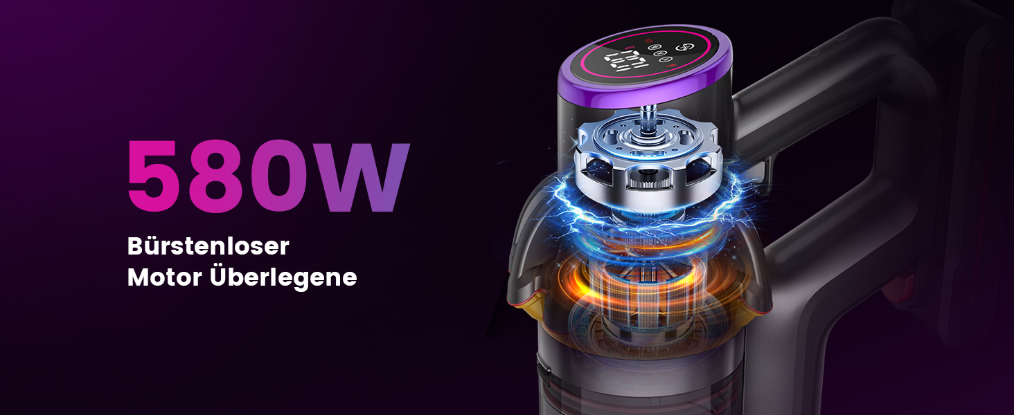 Бездротовий акумуляторний пилосос 45000 Па/580 Вт/70 хв, легкий, 6-в-1, з LED дисплеєм, станцією зарядки та насадкою проти спутання шерсті, для твердих поверхонь, килимів та шерсті тварин