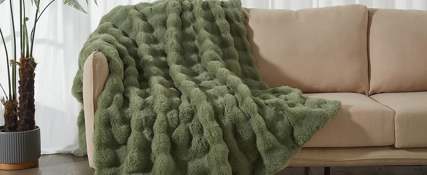 М'яка плюшева ковдра Luofanfei 180x200 см, салатово-кремовий колір, з ефектом 