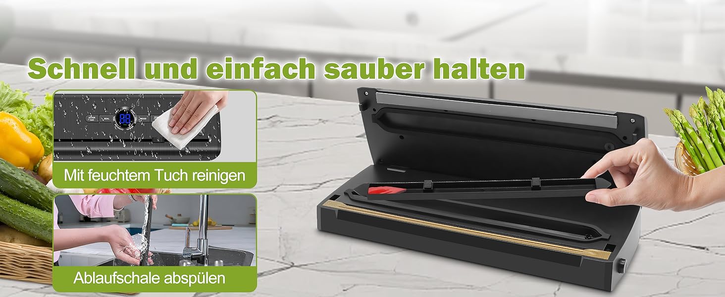 Вакуумний пакувальник KLGFI 7-в-1: професійний апарат для пакування продуктів з подвійною зварювальною швом, з нарізкою та цифровим лічильником. У комплекті 50 вакуумних пакетів. Чорний колір.