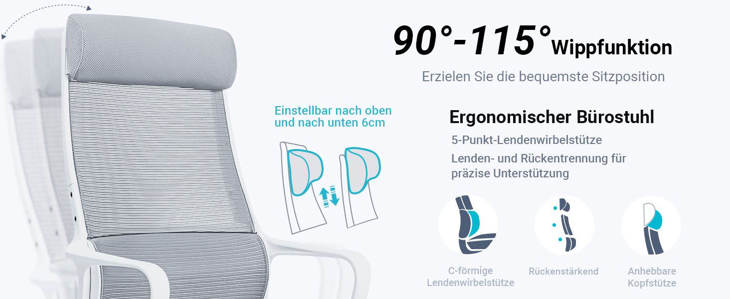 Ергономічне крісло для офісу з регульованою підголовником, крісло для робочого столу з широким сидінням, підтримкою попереку, офісне крісло 200 кг, сітчасте крісло, крісло для дому та офісу, комп'ютерне крісло EN 1335, сіре
