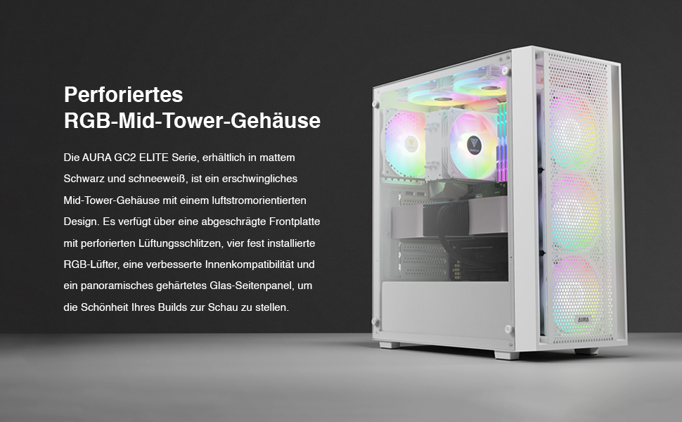 Корпус для ПК GAMDIAS AURA GC2 ELITE WH ARGB: Midi-Tower з 4 RGB-вентиляторами, сітчаста передня панель, скло, підтримка синхронізації материнської плати, чорний