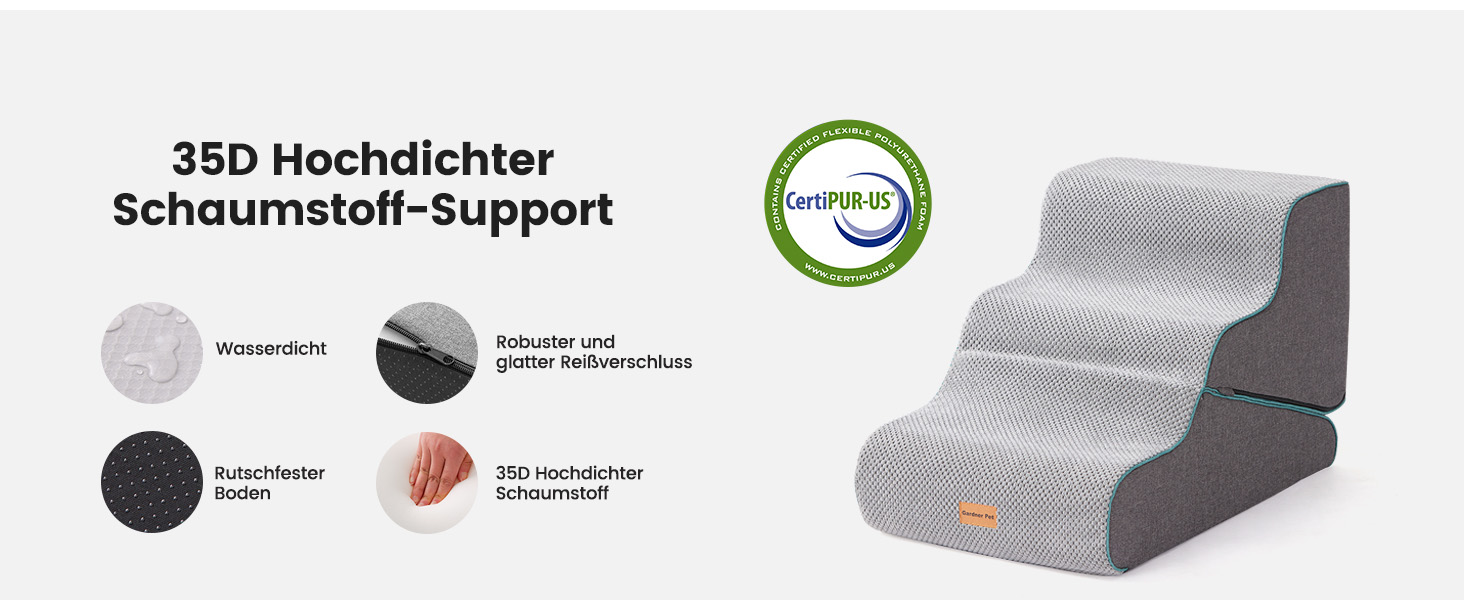 Сходинки для собак Gardner Pet: 3 сходинки, 35/42 см, сірий колір. Зручні для маленьких собак, з водонепроникним покриттям та протиковзким матеріалом. Підходять для ліжка, дивану, крісла.