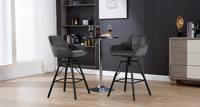 WOLTU 2-Piece Bar Stool Set - Swivel Barstools with Backrest & Footrest - Velvet Upholstered Metal Bar Chairs - Dark Grey