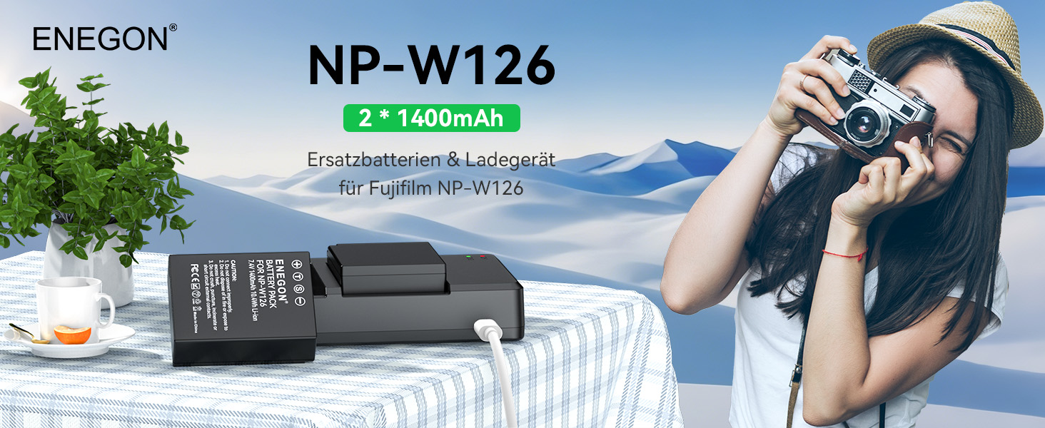 Акумулятор ENEGON NP-W126S/NP-W126 (2 шт.) та подвійний USB-зарядний пристрій для Fujifilm X100V, X100VI, X-M5, X-T1/T3/T30/T100, X-A1, X-E1, X-E2, X-E3, X-M1, X-Pro1, HS30EXR, HS35EXR, HS50EXR
