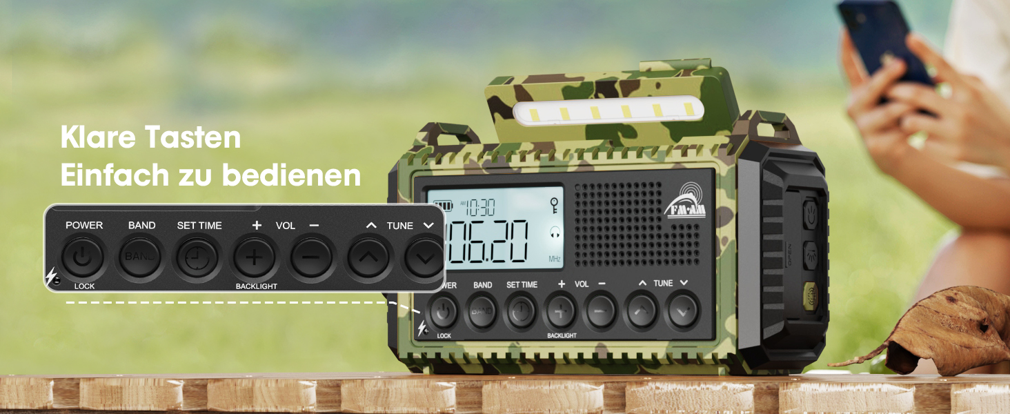 Радіо Kurbelradio на сонячній батареї та з ручкою, 12000mAh, AM/FM/SW, USB-зарядка, SOS-сигнал, ліхтарик, для кемпінгу та надзвичайних ситуацій, зелений камуфляж