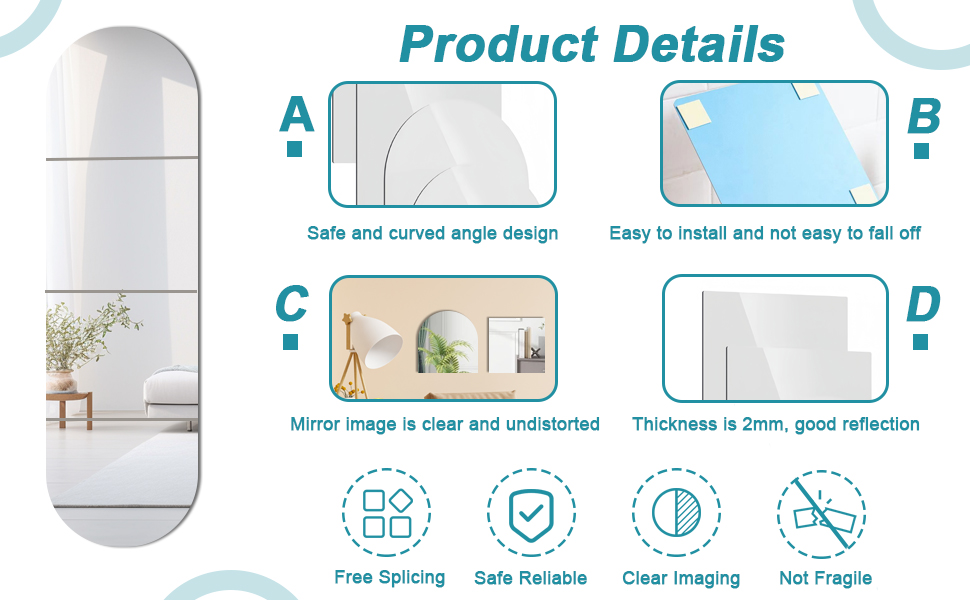 4 самоклеючі настінні дзеркала, акрил, небрудливі, великі, декоративні для ванної кімнати, спальні, 30 см x 30 см