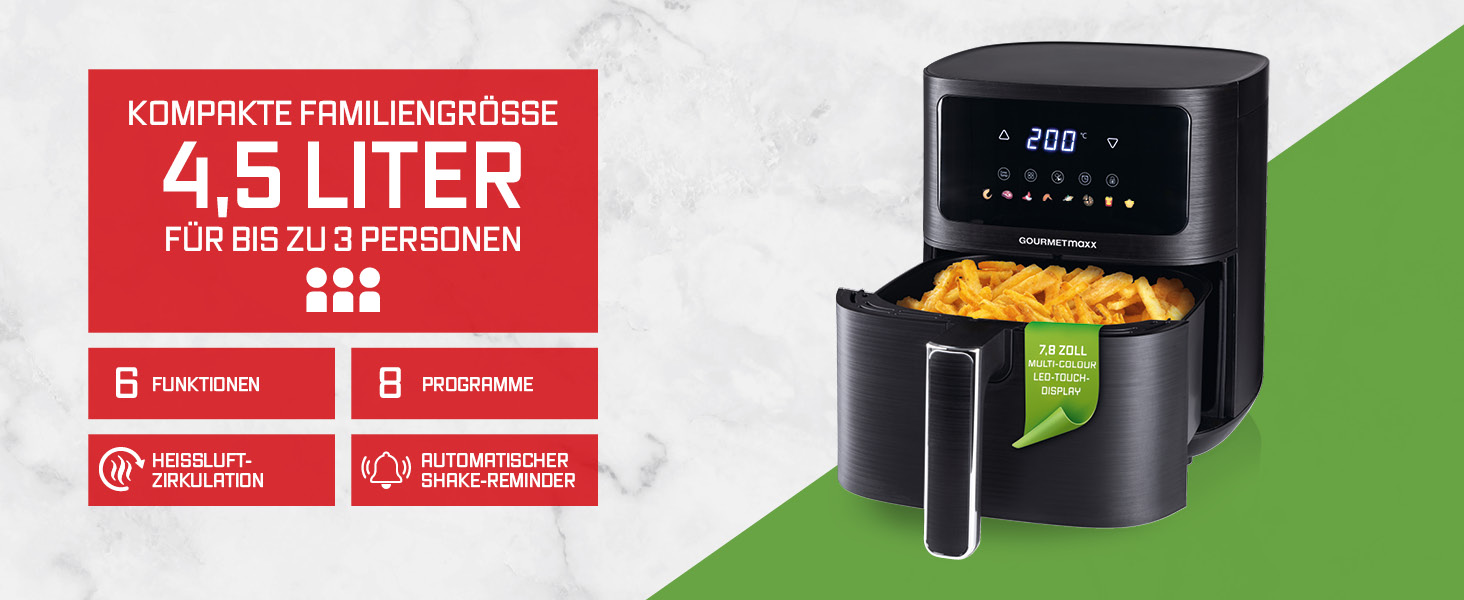 Фритюрниця повітряна GOURMETmaxx AirGenius, 9 л (2 x 4,5 л) з 8 програмами | 2 камери для одночасного приготування | Сенсорний дисплей, для 8 осіб
