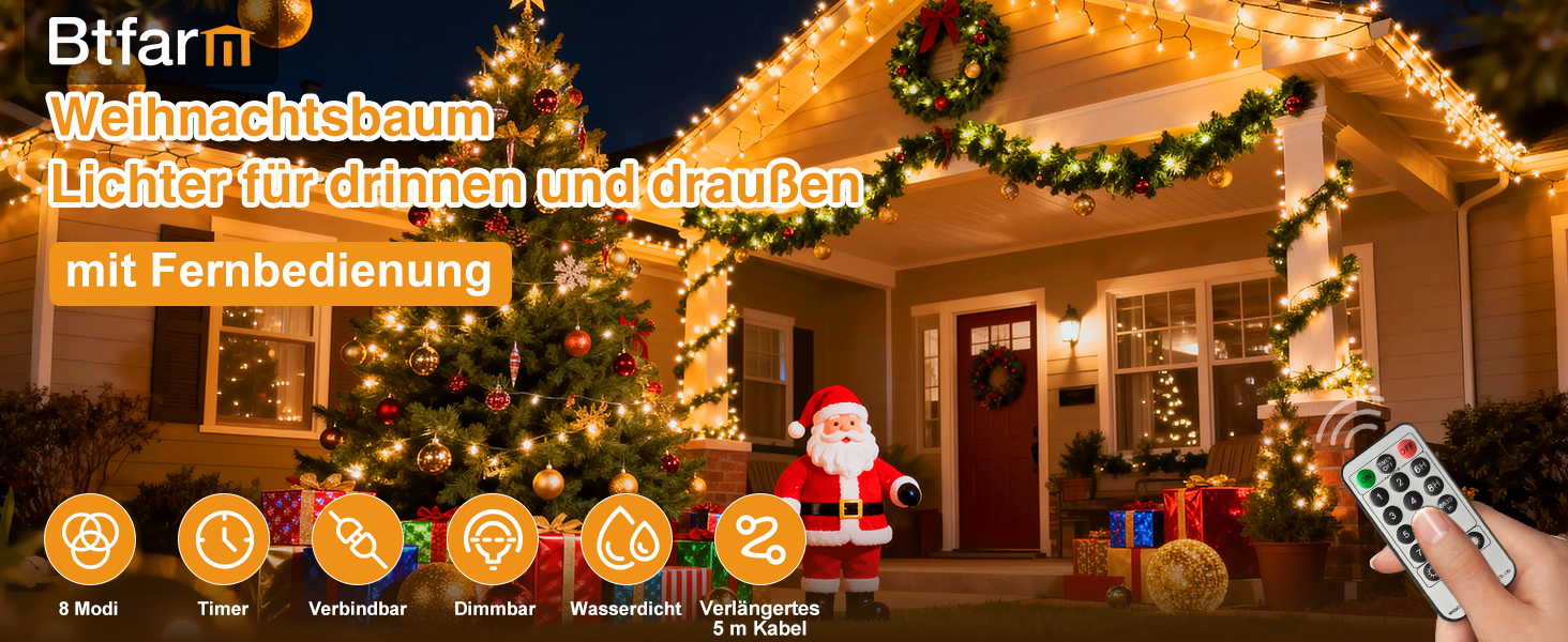 Льоноконекторна гірлянда BTfarm 20M 200 LED, тепле біле світло, з пультом, таймер, IP65, для дому та саду