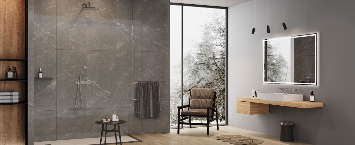 Дзеркало для ванної кімнати з LED-підсвічуванням Dripex, 50x70 см, сенсорне управління, протитуманне покриття, Bluetooth, розетка, 3 кольори світла