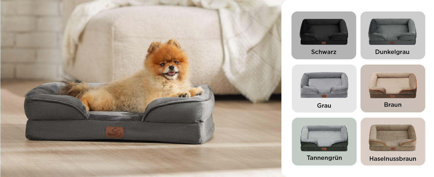 Ортопедичне ліжко для собак BEDSURE - 89x63 см. Зручне ліжко-софа для собак середніх порід, з ергономним наповнювачем, сірого кольору. Легко миється, не ковзає. Розміри: 89 x 63 x 17 см.