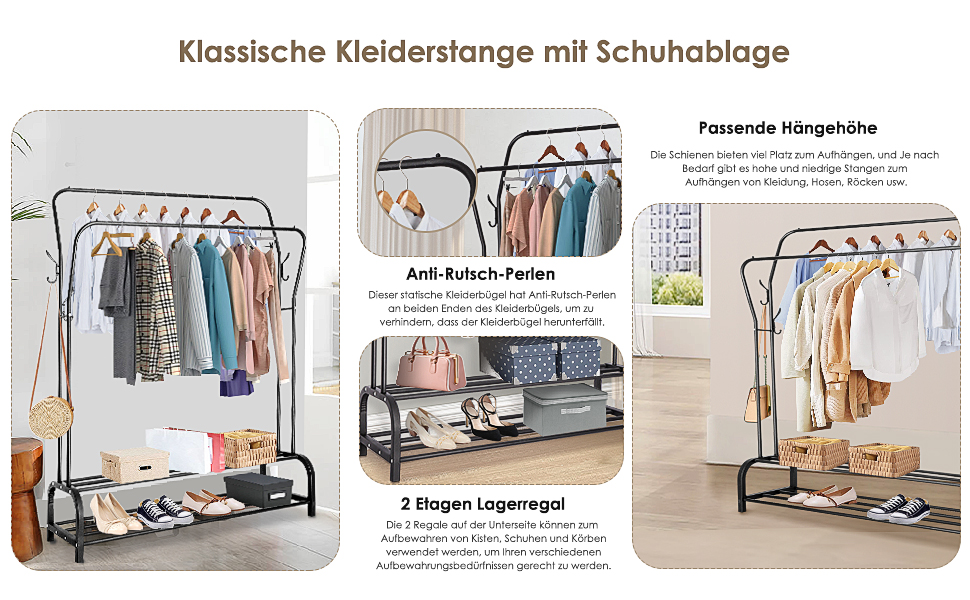 Стійка для одягу на підлозі з металу з полицею для взуття та нижньою полицею, чорна, подвійна