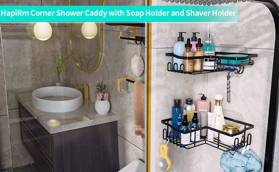 Дзеркальна поличка для душу HapiRm без свердління - органайзер для ванної кімнати та кухні з 11 гачками, мильниця, тримач для бритви, кріплення на присосках, 3 наклейки