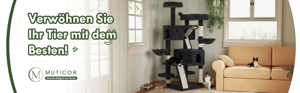 Драбина-кіготь MUTICOR 168 см для великих котів з гамаком, кошиками та ігровим будиночком, сірий