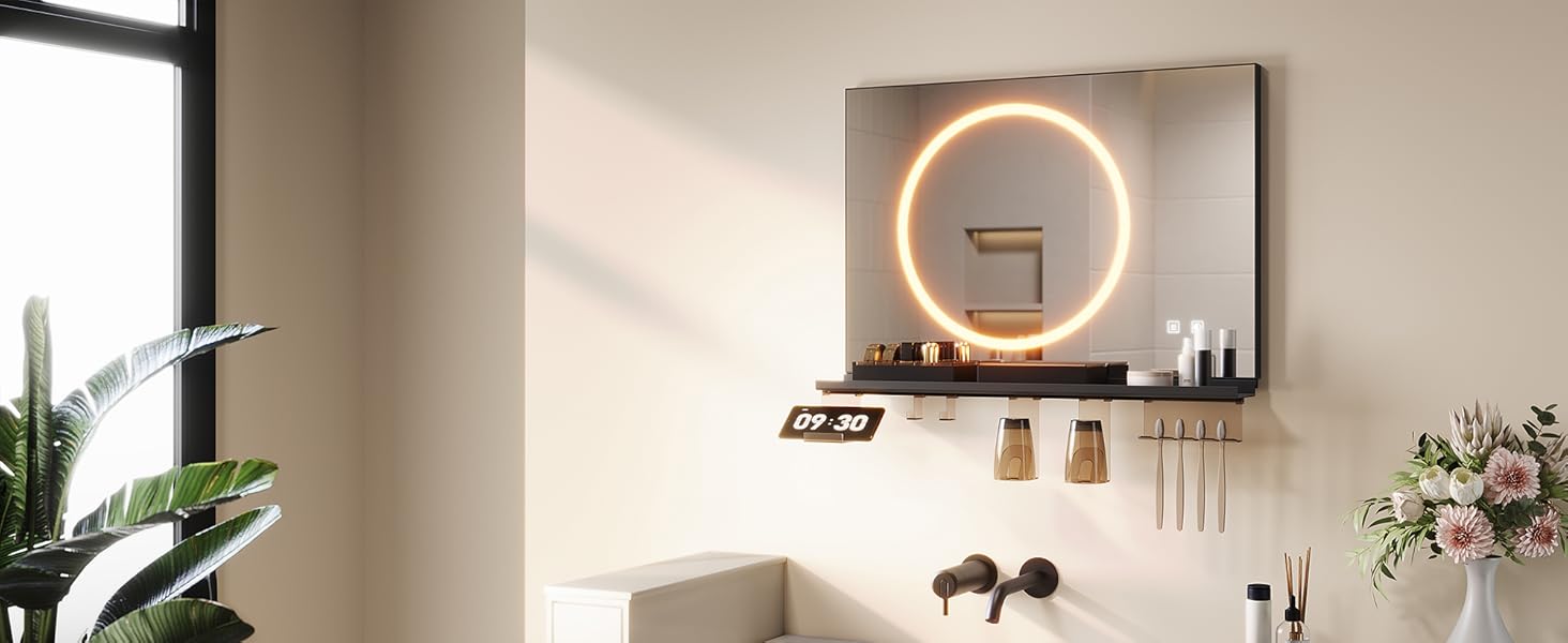 Дзеркало для ванної кімнати SONNI з підсвічуванням 120x60 см, 3 кольори світла, антизапар, годинник, температура, LED, сенсорне управління, білий