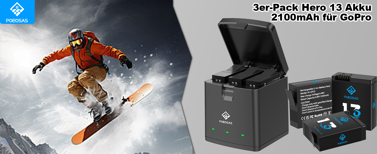 Акумулятор для GoPro Hero 13 Black, 2100mAh, 3-Pack з LED USB-C зарядним пристроєм, сумісний з GoPro Hero 13 Enduro