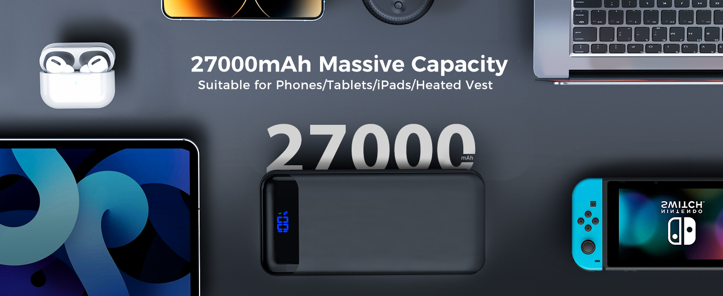 Повербанк Enerwow P300 27000 mAh 22.5W з підтримкою швидкої зарядки USB-C, чорний