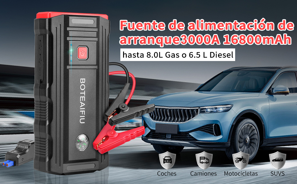 Powerbank Starthife BOTEAIFIU 3000A: Автозапуск для 8.0 л бензину та 6.5 л акумулятора, портативний, з ліхтариком, для 12V авто, SUV, мотоцикла, ATV, газонокосарки