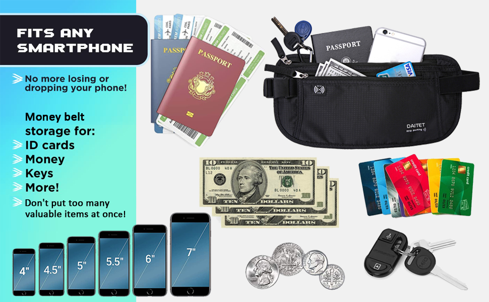 Чоловічий та жіночий поясний ремінь-сумка з RFID-блокуванням. Поясна сумка для подорожей, прихована під одягом, чорного кольору. Ширина ременя: 2.5 см