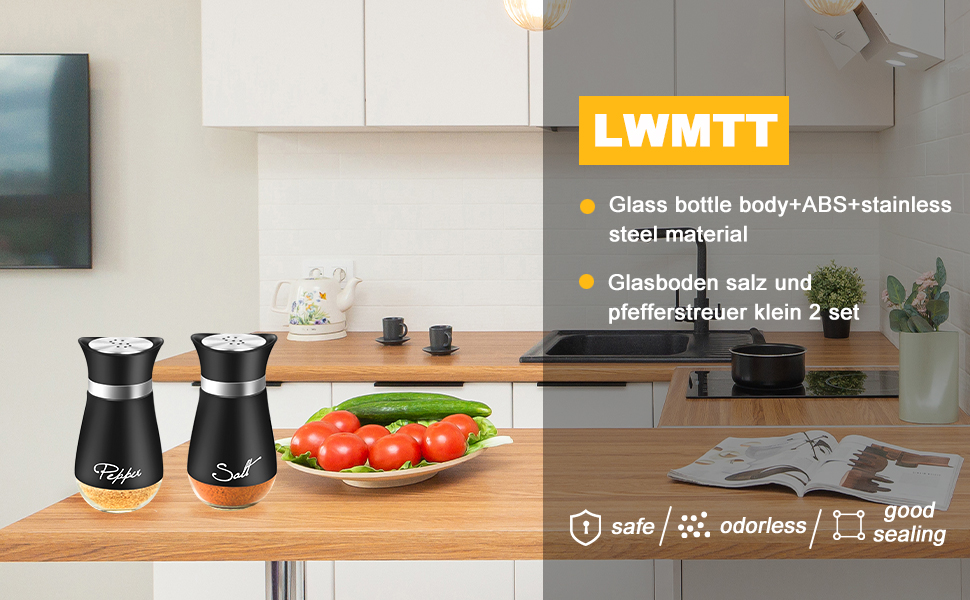 Набір для солі та перцю з нержавіючої сталі, скляне дно, чорний колір, для кухні, грилю, BBQ, кемпінгу