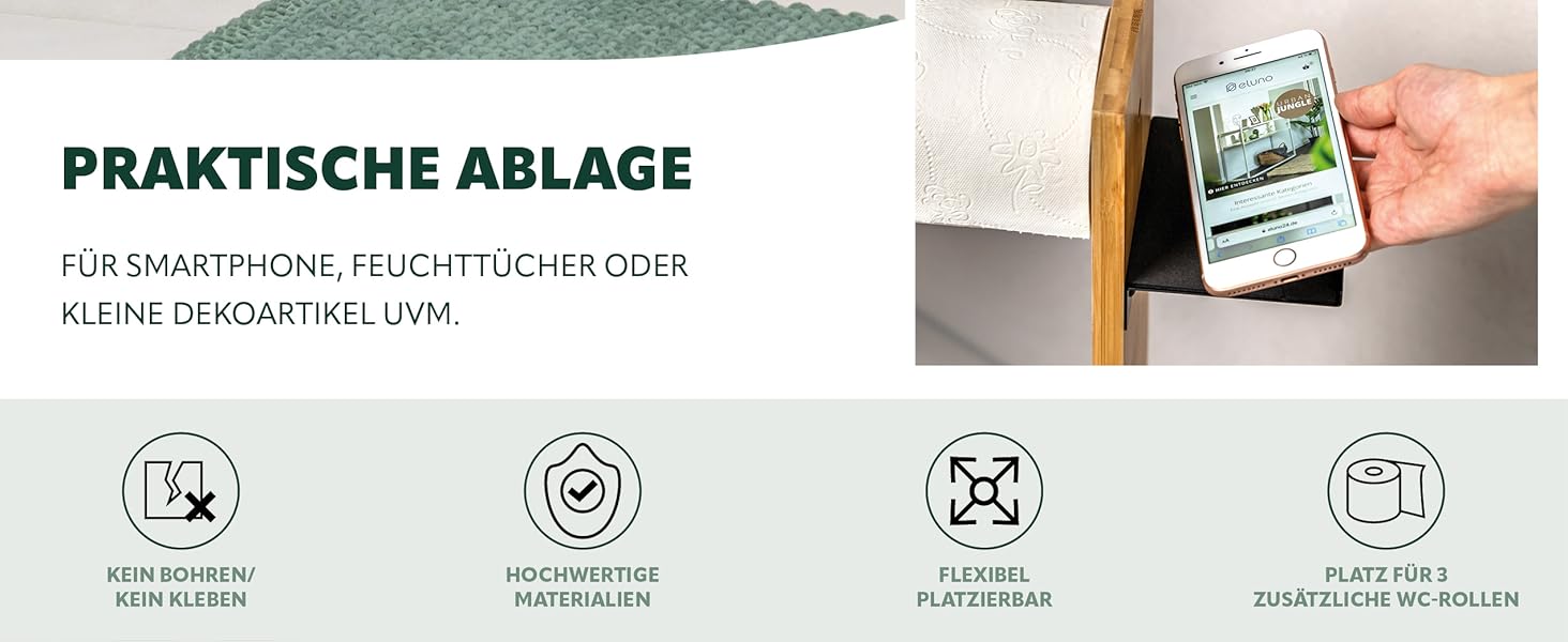 Набір для туалету Eluno Stand-WC 4в1: щітка, тримач туалетного паперу, полиця, бамбук/метал (чорний)