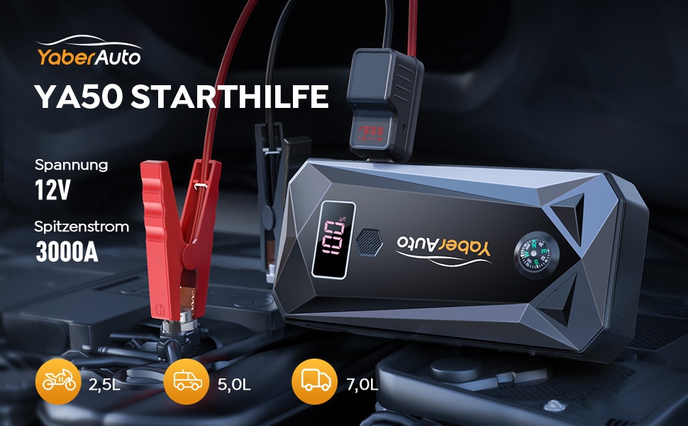 Портативний пусковий пристрій YaberAuto YA50 3000A з LCD-дисплеєм та LED-ліхтариком (4500A, 21800mAh) - для бензинових та дизельних двигунів до 7.0L