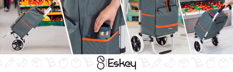 Тролей для покупок Eskey з відділенням для охолодження – великі колеса, складаний, водонепроникний, 50 л (Чорний, Cloud Gray)