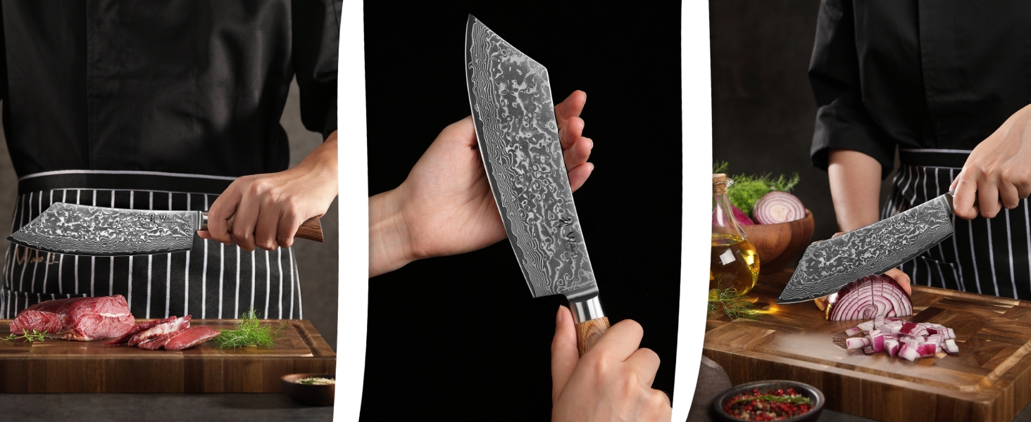 Ніж кухарський Wakoli EDIB Pro Damast BBQ & Blockmesser 20 см з лезом з 67 шарів дамаської сталі (VG10) з ергономічною ручкою з паккавуда для м'яса, гриля та смаження. У подарунковій коробці. Без гравіювання.