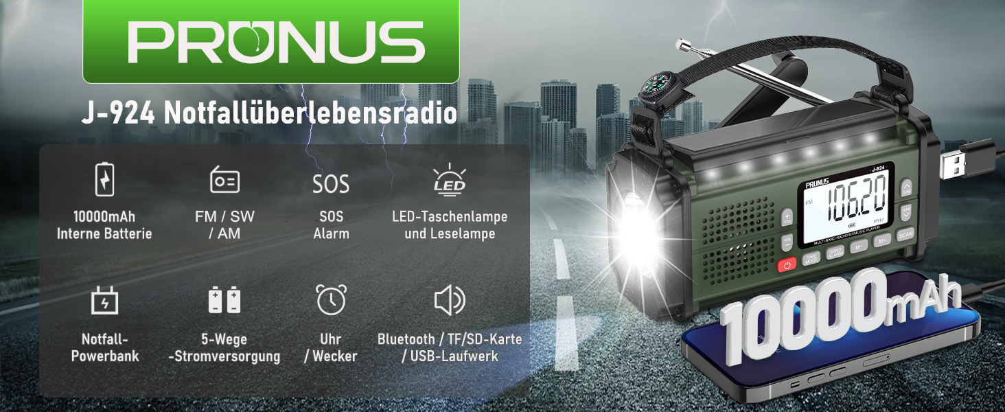 Радіо PRUNUS J-924S AM/FM/SW: Кисневе радіо, радіоприймач для надзвичайних ситуацій з сонячною панеллю, акумулятором 10000mAh, ліхтариком, SOS-сигналом та функцією зарядки телефону. Ідеально для відпочинку на природі, відключень електроенергії та надзвичайних ситуацій. Чорний колір.