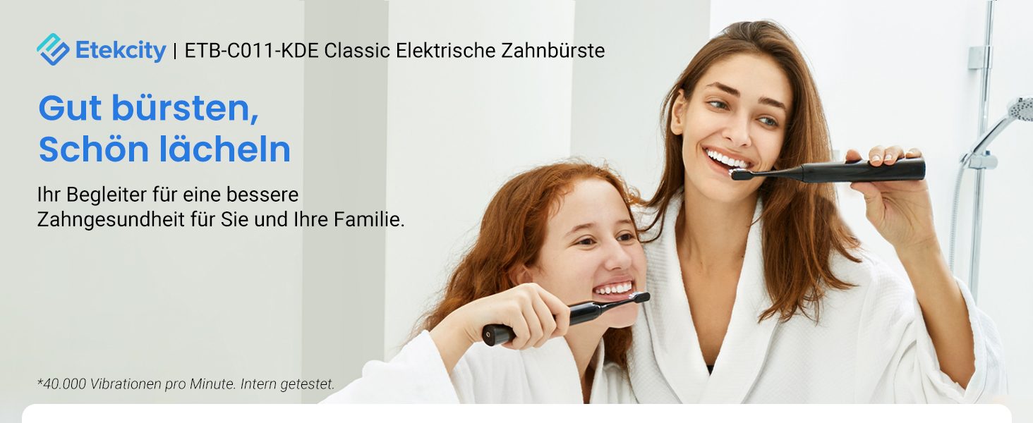 Електрична звукова зубна щітка Etekcity з 5 режимами, 6 насадок, таймер 2 хв, для дорослих та дітей, чорна преміум-модель