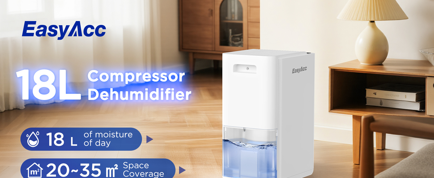 EasyAcc Електричний осушувач повітря 1200мл, 18л/день, тихий, портативний, з автовимкненням та режимом сну для дому та офісу (білий)
