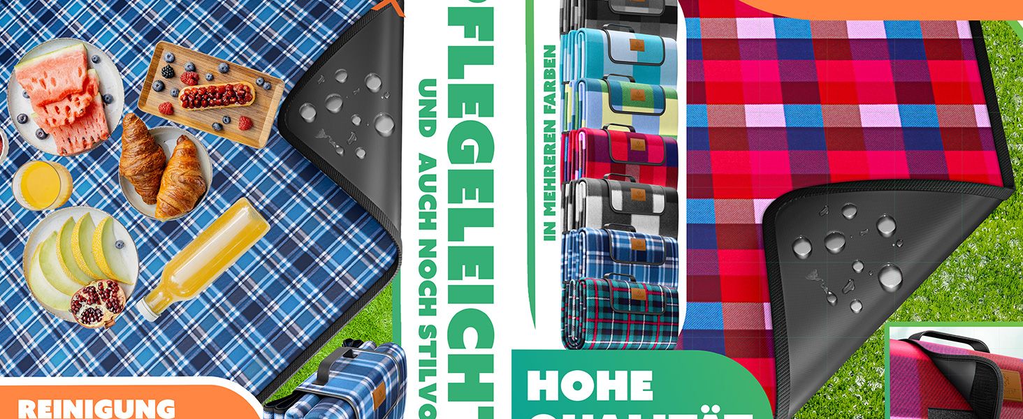 KESSER® Picnic Blanket Camping Blanket XXL 200 x 200 cm - Warm-insulated with waterproof underside, carrying handle. Foldable beach blanket, picnic blankets for 4-6 people. Washable picnic blanket.