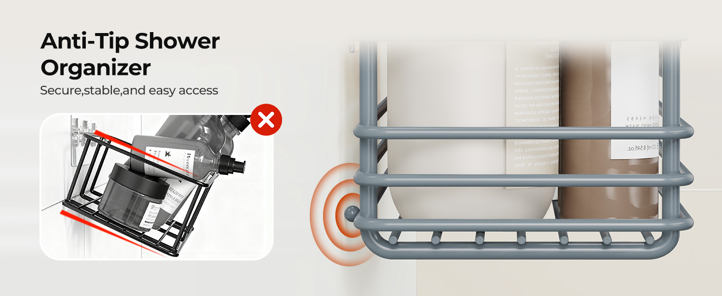 Набір душових корзинок Orimade з 5 гачками, 3 шт. (чорний, сірий) - без свердління, нержавіюча сталь SUS304