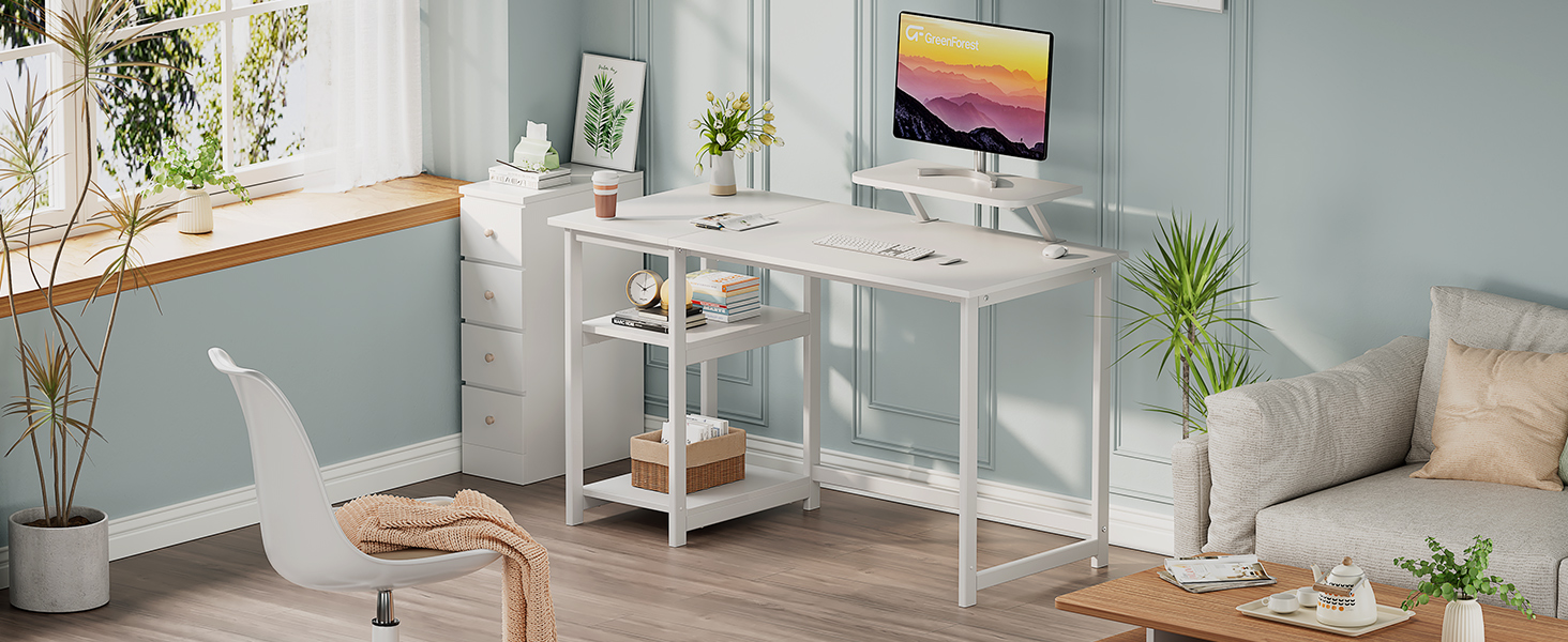 Стіл GreenForest 120 см з місцем для зберігання та підставкою для монітора, офісний стіл для дому та офісу (100x50 см, білий)