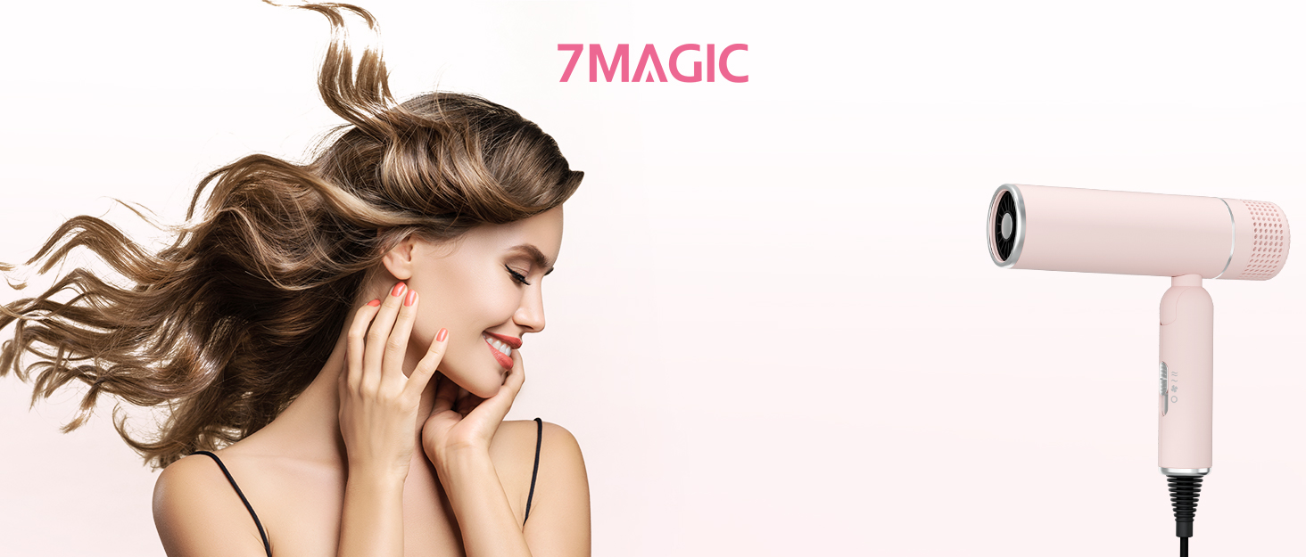 Фен для волосся 7MAGIC з концентратором, компактний туристичний фен, швидка сушка, іонізація, захист волосся, 1600W, зелений (рожевий)