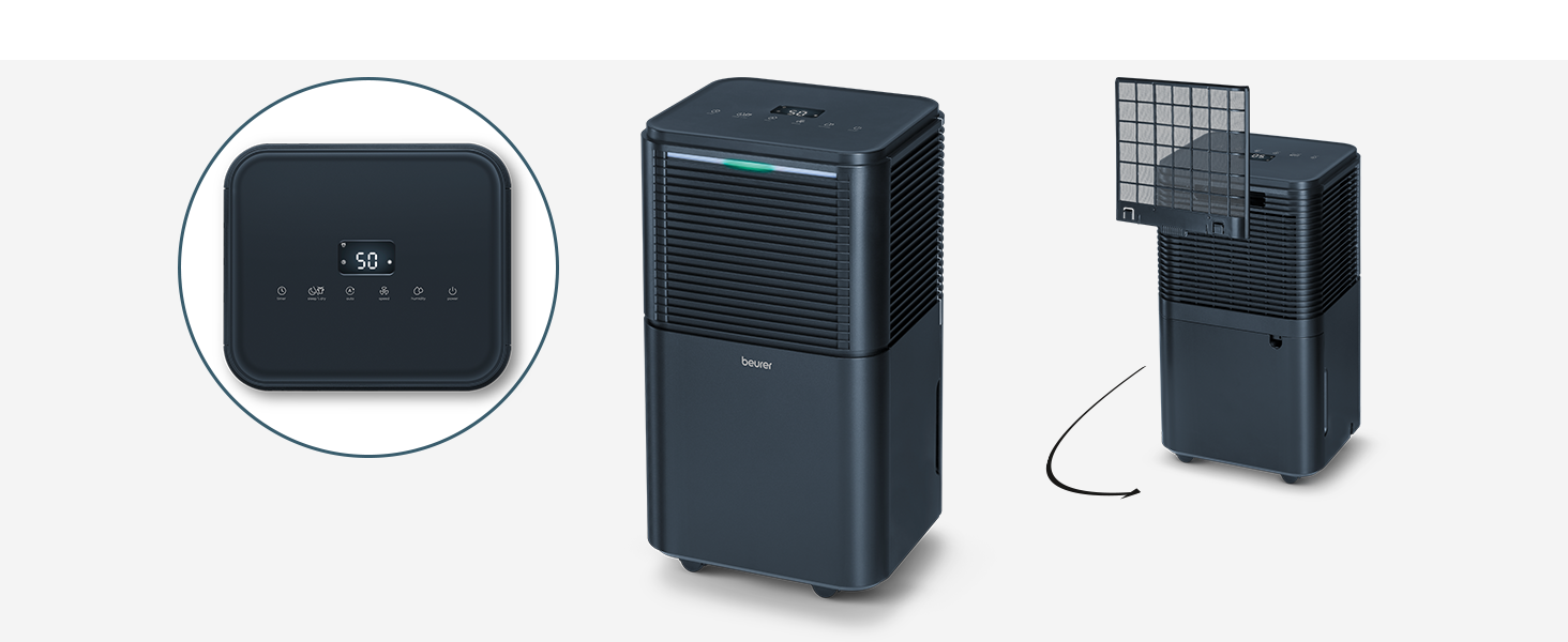 Електричний осушувач повітря Beurer LE 150: 12л/24г, осушувач для кімнати з функцією сушіння білизни, тихий нічний режим, захист від плісняви та запахів, бак 2л, до 30м2