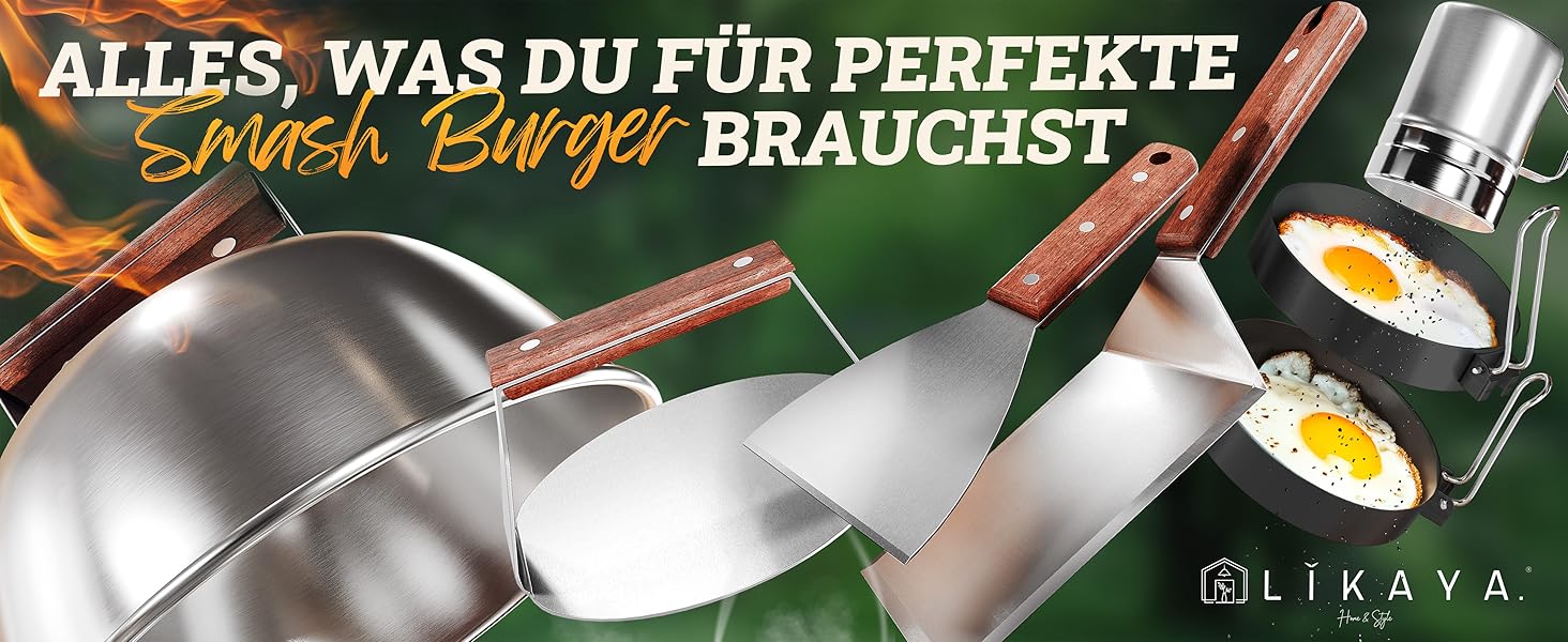 Набір для приготування Smash Burger XXL [9 предметів] з нержавіючої сталі з дерев'яними ручками для Plancha, гриль-плити, газового гриля та вогняної чаші | 1x прес для бургера, 2x формочки для бургера, 1x шпатель для гриля, 1x лопатка для гриля та інше | 9-ти частинний набір