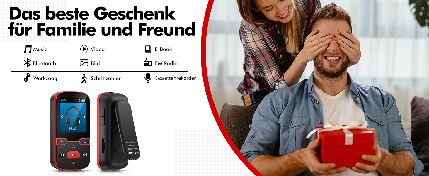 MP3 плеєр 64GB Bluetooth 5.3 з кліпсою, Hi-Fi, для спорту, з FM-радіо, диктофоном, крокоміром, підтримка картки до 128GB, червоний