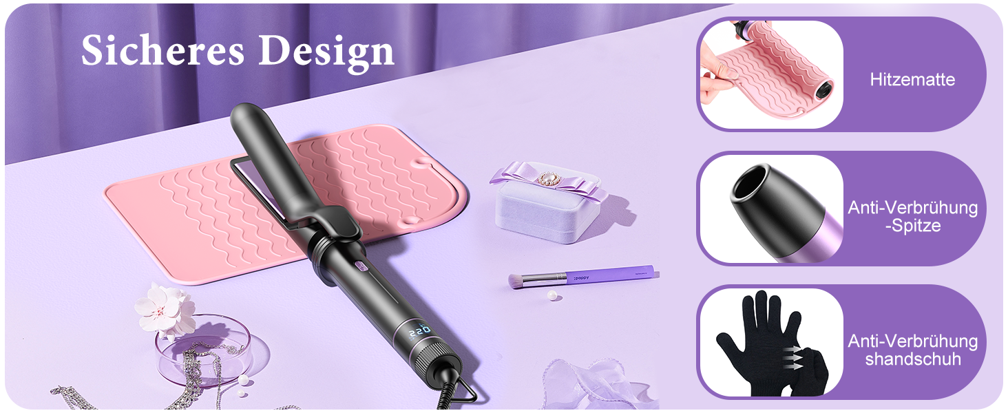 BESTOPE PRO Локкенстаб: Набір для створення локонів 5 в 1 з плойкою, термощіткою, 3 локкенстабами (9мм-25мм) для великих локонів, 13 температур, керлер для волосся з термозахисним покриттям, рукавичка, затискач, колір Nordlicht Lila