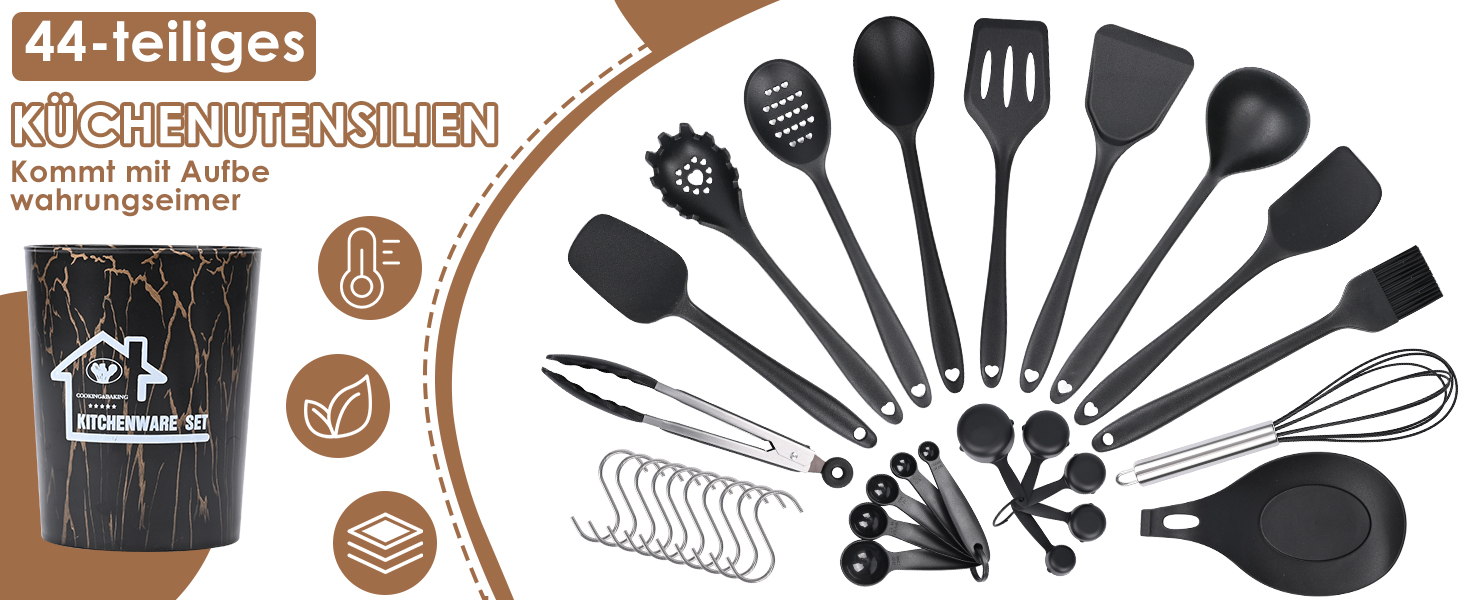 Набір кухонних аксесуарів Czemo 43 шт. з силікону: кухонні помічники, посуд, лопатки, ложки, чорний