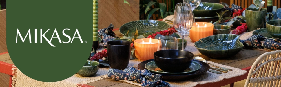 Набір посуду Mikasa Jardin Midnight (12 предметів) для 4 осіб: тарілки, супові тарілки, миски, зелений колір, подарункова коробка, придатний для миття в посудомийній машині