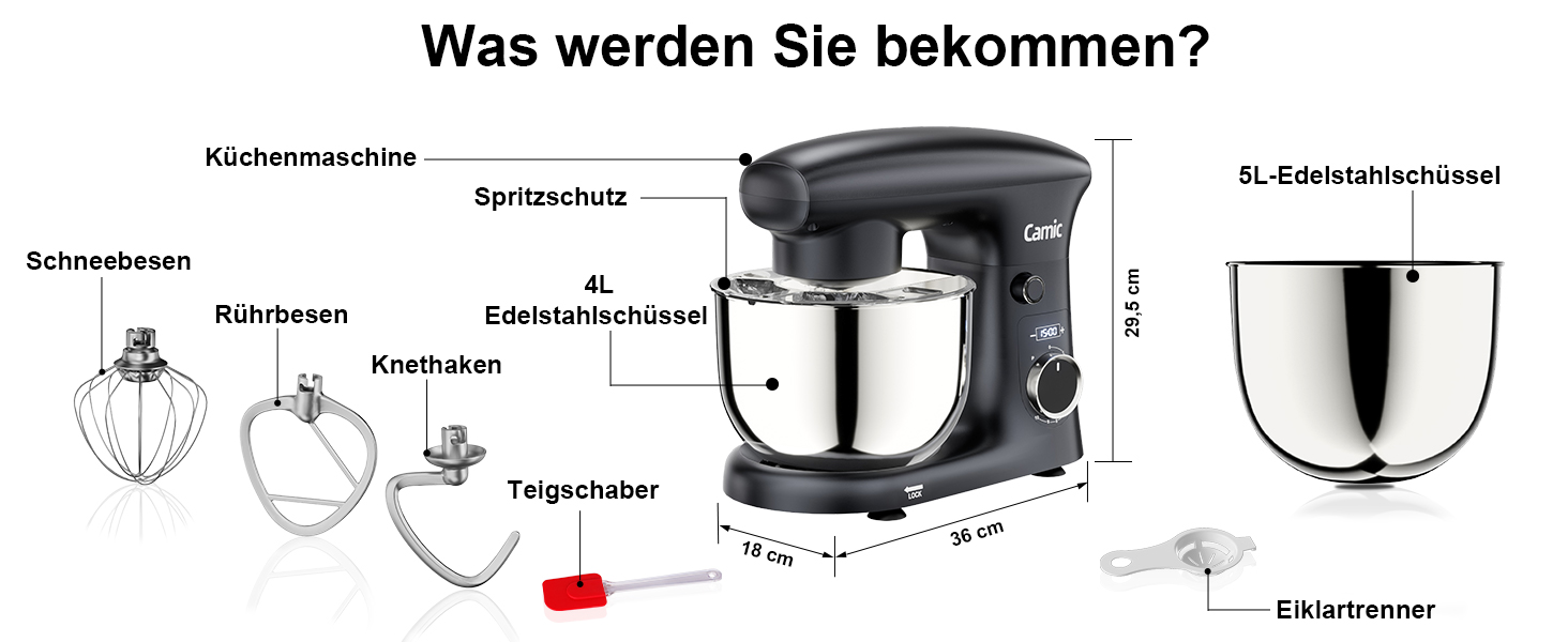Кухонна машина Camic з LED-дисплеєм, 10 швидкостей, 3 насадками (діядовий, міксер, вінчик) та 2 чашами з нержавіючої сталі 4Л та 5Л для тіста, хліба та тортів, сіра