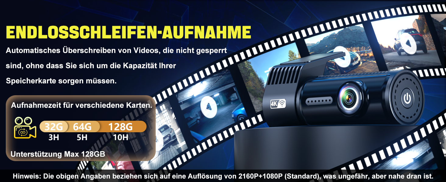Відеореєстратор AQV Dashcam Auto Vorne und Hinten 4K з WiFi, 64GB SD, G-сенсор, Super Night Vision, 170°+140° Кут огляду, Black-D18