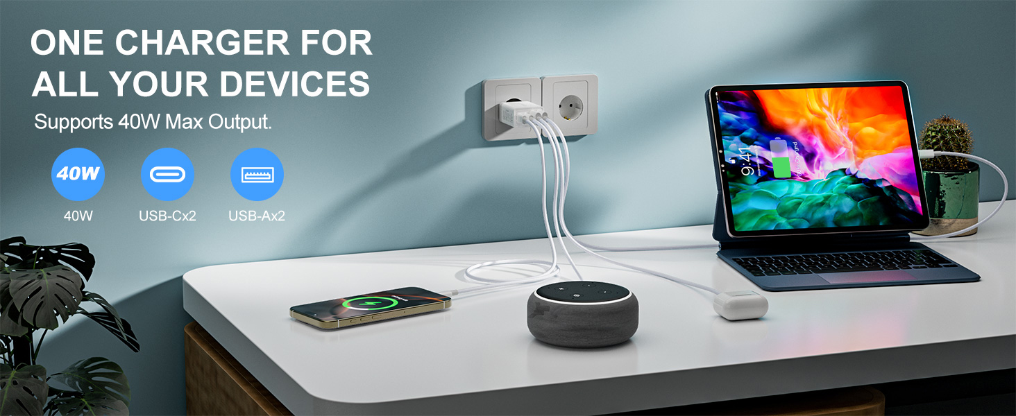 Мережевий зарядний пристрій 40W з 4 портами USB-C та USB-A (2 шт.) - для iPhone, iPad, Samsung, Tablet. Підтримка PD 3.0
