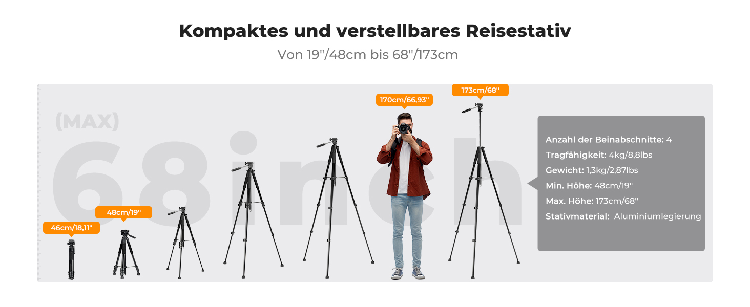 Штатив K&F Concept S255A3+BV01: Легкий штатив з сумкою, для камери/DSLR/відеокамери, з підтримкою смартфонів та планшетів (172 см)