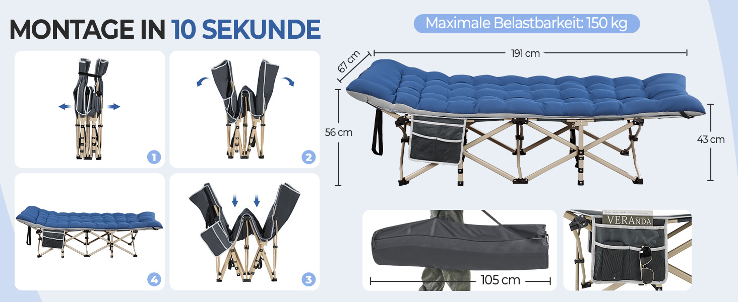 Ліжко похідне Yaheetech з матрацом, складне, для гостей, 191x67 см, до 150 кг, сіре/чорне (синьо-сіре)