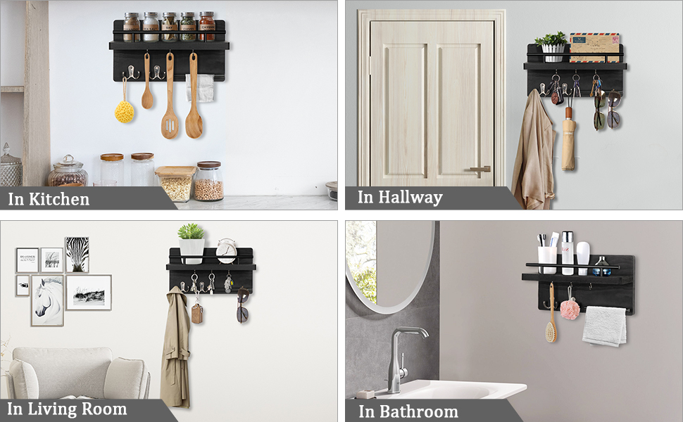 Настінна вішалка для ключів на 5 гачків, дерев'яна дошка для ключів з полицею, настінний органайзер для ключів, рустикальна вішалка для ключів, органайзер для ключів, декор для дому (чорний)