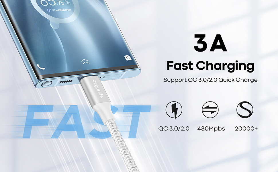 Кабель USB-C на USB-A, 30см, 2 шт., білий. Швидка зарядка, нейлон, для iPhone, Samsung Galaxy