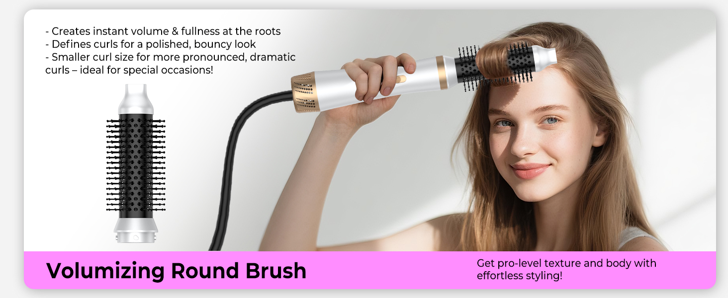 Мультистайлер для волосся 5 в 1 з термощіткою, фен-щіткою, круглою щіткою, плойкою та випрямлячем. Потужність 1000 Вт, 3 температурні режими. Ідеально для об'єму, випрямлення, локонів та сушіння. Білий (білий, рожевий)