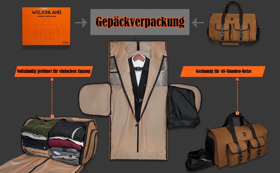 Сумка-органайзер для одягу WELKINLAND 48H, 62л, 10 кишень, ручна поклажа, 3 відділення для костюмів, трансформер, коричнево-чорна