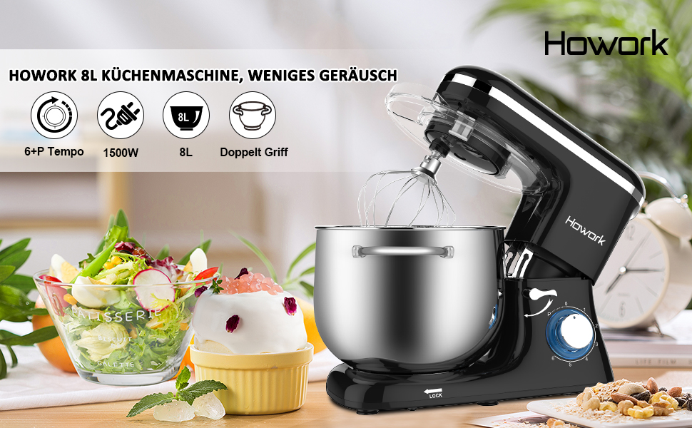 Кухонна машина Howork Knetmaschine: потужна 1500W, 8L, нахильна чаша, 6 швидкостей, міксер, гак для тіста, сплітштор, чорний